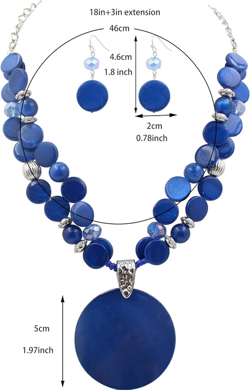 Layered Beads Statement Fashion Necklace Chunky Jewelry Set Big Colorful Glass Stone Circle Shell Pendant Choker Necklace and Earring Set for Wome...