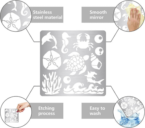 GORGECRAFT 6.3 Inch Ocean Creature Metal Stencil Dolphin Wood Burning Stencil Reusable Sea Animals Journal Stencils Turtle Template Stainless Stee...