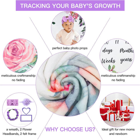 SPOKKI 6 PCS Baby Monthly Milestone Blanket Girl, 60''x40''Fleece Monthly Blanket Newborn with Headband for Photography Background Prop and Mom Nu...