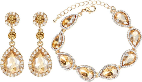 mecresh Flower Teardrop Austrian Champagne Crystal Jewelry Sets for Women or Wedding (1 Set Earring,1PCS Bracelet)...
