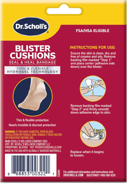 Dr. Scholl's BLISTER CUSHIONS Seal & Heal Bandage with Hydrogel Technology, 8 ct // Immediate & All-Day Pain Relief, Thin, Flexible & Nearly Invis...