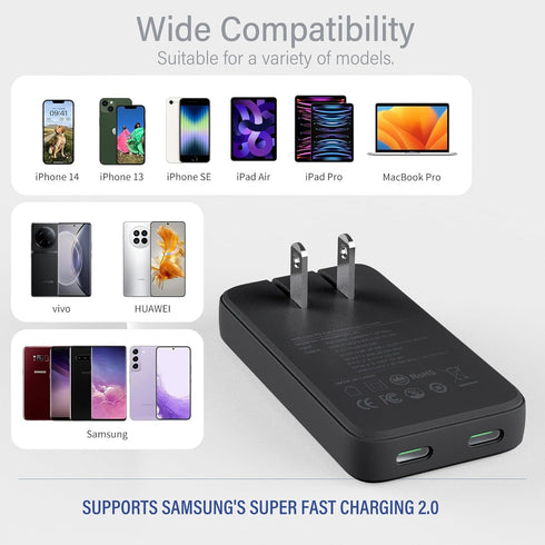 45W USB Wall Charger,Flat Wall Charger,Dual USB C with PD 3.0 & GaN,Folding USB Wall Plug for Traveling,Fast Charging for Laptops,Phones,Support S...