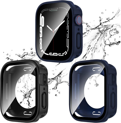 2 Pack 2 in 1 Waterproof Case for Apple watch Series SE SE2 6 5 4 44mm, Straight Edge PC Front & Back Bumper with Tempered Glass Screen Protector ...