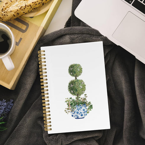 Blue and White Porcelain Spiral Notebook, Chinoiserie Journal, Green Topiary Trees 5.5"x8.3" 164pages Lined Notebooks College Ruled, Preppy Vintag...