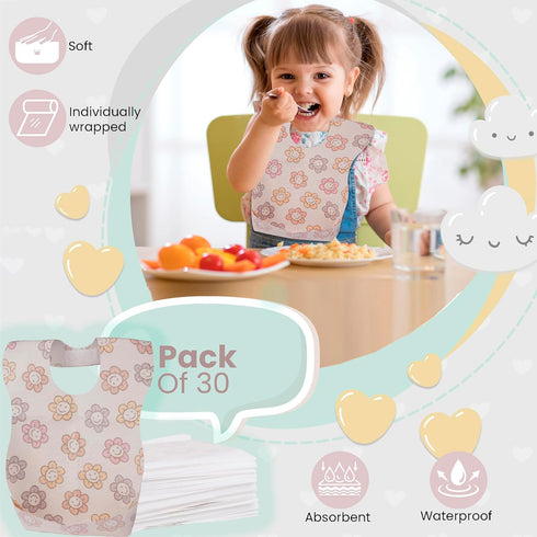 Disposable Baby Bibs (30pcs) Individually Wrapped - Soft 3-Layer Cute & Fun Waterproof Bibs for Babies w/Crumb Catcher - Easy Wear Baby Feeding an...