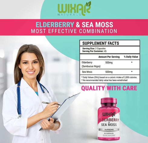 Elderberry and Sea Moss Supreme Capsules - Natural Black Elderberries with Wildcrafted Sea Moss Pills - 90 Capsules - Antioxidants - Herbal Supple...