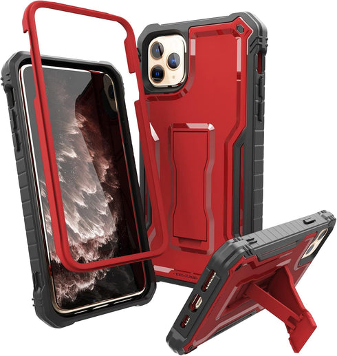 ExoGuard for iPhone 11 Pro Max Case, Rubber Shockproof Full-Body Cover Case Built-in Screen Protector with Kickstand for iPhone 11 Pro Max (Red)...