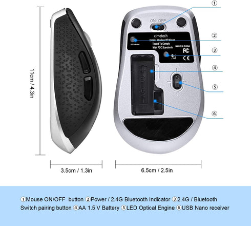 cimetech Wireless Bluetooth Mouse, Computer Mouse, Slim Noiseless Optical Wireless Mice with 2400 DPI Compatible for Laptop, ipad, Mac (BT4.0+2.4G...
