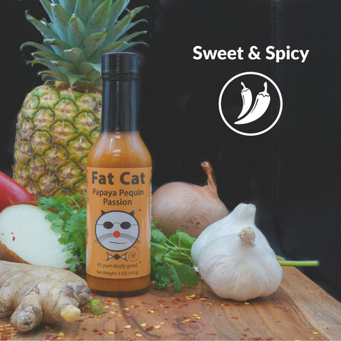 Papaya Pequin Passion Natural Hot Sauce by Fat Cat Gourmet | Savory Caribbean Inspired Fruit Sauce for Seafood, Veggies, Pork, Poultry | Mild Heat...