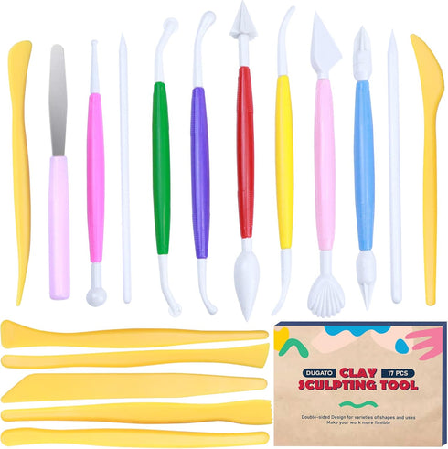 DUGATO Clay Sculpting Tools (17pc Set) - Double-Sided Plastic Modeling Kit for Polymer Clay, Pottery, Fondant & Cake Decorating - Art & Craft Supp...