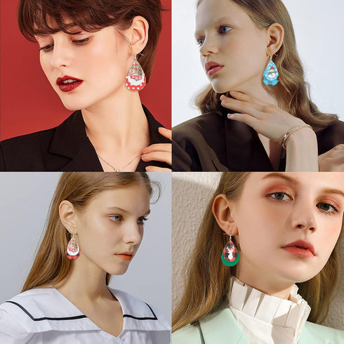 SUNNYCLUE 1 Box DIY 8 Pairs Christmas Faux Leather Earrings 2 Layered Xmas Leather Pendants Faux Leather Teardrop Long Dangle Earrings & Earring H...