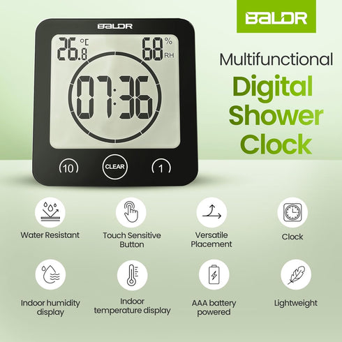 BALDR Digital Shower Clock with Timer - Black - Water-Resistant Shower Timer, Countdown Timer Clock with Temperature and Humidity, Digital Clock f...