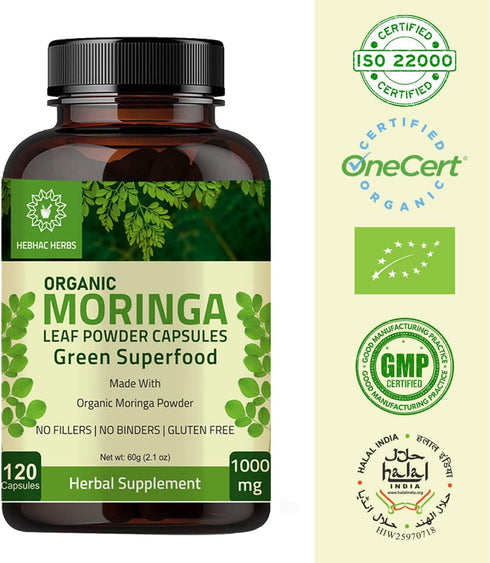 Organic Moringa Capsules 120 Capsules 1000mg – Organic Moringa Oleifera Leaf Powder Capsules Leaf Energy, Metabolism, & Immune Support nutrient-ri...