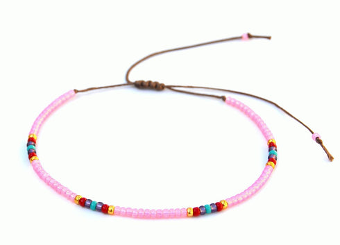 Beaded Anklet for Women, Boho Bohemian Native American Style, Unique Waterproof Pink Colorful Hippie Beach Anklet, Handmade by Tribes (S-M)...