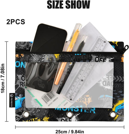 Monster Truck Tires Pencil Pouch for 3 Ring Binder Pencil Bags Binder Pocket with Clear Window & Zipper for Office Supplies Storage 2 Pack...