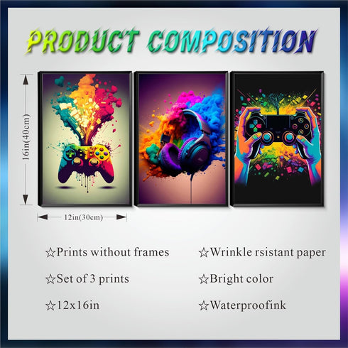 MUWAK Gaming Room Decor Wall Art Set of 3 - Video Gaming Controller Gamer Wall Decor, Gaming Canvas Poster Room Decor for Boys Room Kids Game Room...