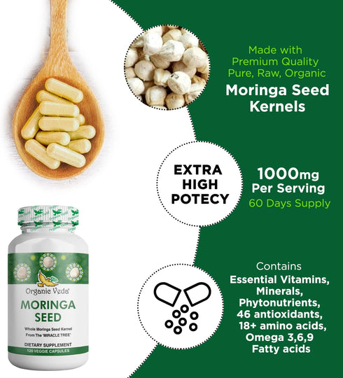 Organic Veda Moringa Seed Capsules, 1000mg - 100% Natural Moringa Seed Powder with Nutrients, Antioxidants, Vitamins, Minerals & Enzymes - Glowing...