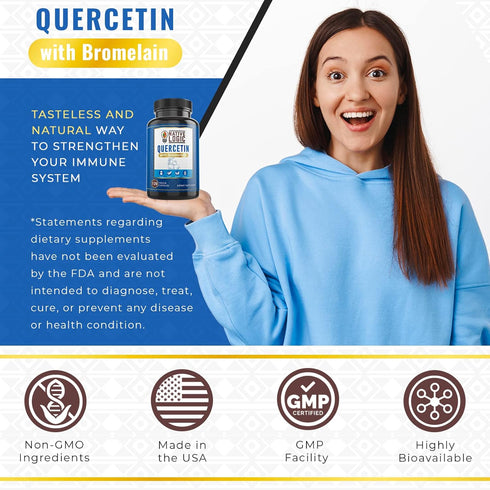 Quercetin with Bromelain Supplements, Immune Support Supplement with Antioxidant Properties, Supports Joint Health and Energy Production, Vegan an...