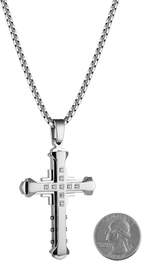 HZMAN Religion Men's Large Byzantium Stainless Steel Cubic Zirconia Cross Necklace Pendant 22 + 2 Inch Chain...
