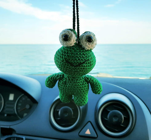 Handmade Frog Crochet Car Rear View Mirror Holder, Hanging Accessories Ornaments Cute Rearview Mirror Charm Decor, A Gift for Frog Lovers Car Hang...