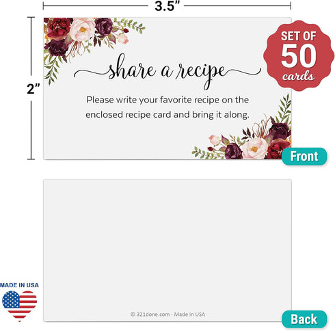 321Done Red Roses Request a Recipe Card (Set of 50) 3.5x2 White - Floral Share a Recipe Card for Bridal Shower Invitation, Keepsake, Heavy Cardsto...