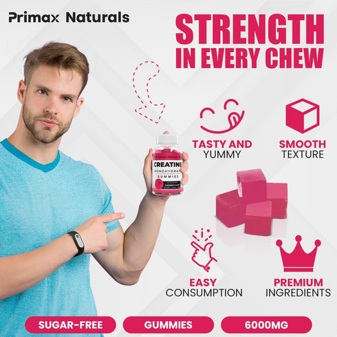 No Sugar Creatine Monohydrate Gummies for Men & Women - 3g/Gummy - 60 Chewable Creatine Gummies, Gomitas de Creatina 6000mg, Enhanced Muscle Stren...