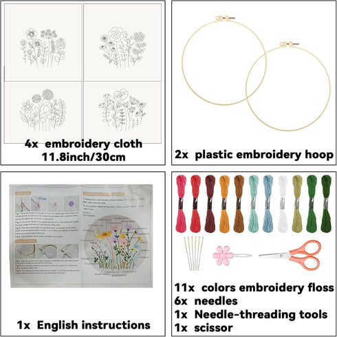 ORIGACH 4 Pack Flowers Embroidery Kits for Beginners, DIY Starter Hand Embroidery Kit with Floral and Plants Patterns and Instructions for Adults ...