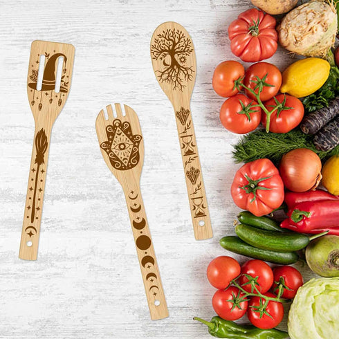 GLOBLELAND 6Pcs Magic Divination Bamboo Cooking Utensils Wooden Engraved Cooking Spoons Set Carving Kitchen Bamboo Spatula Set Wood Cooking Spoon ...