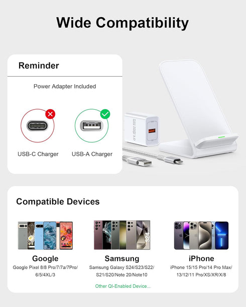 15w Android Wireless Charging Stand for Google Pixel 8 Pro 7 pro 7a 7 6 pro, QI Wireless Charger Station for Samsung Galaxy S24 S23 S22 Ultra Appl...