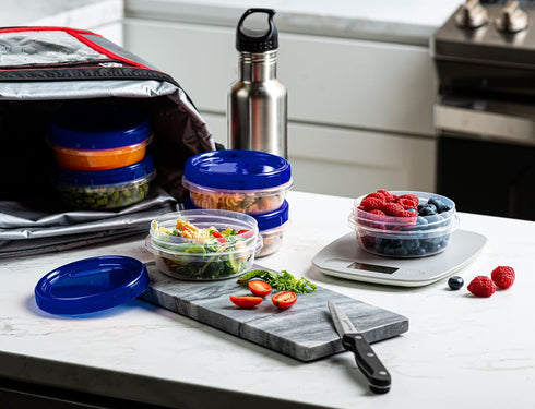Elegant Disposables Twist Top Deli Containers Food Storage Containers Blue Screw on Lid Reusable Stackable Leakproof Airtight, pack of 10-8 oz con...