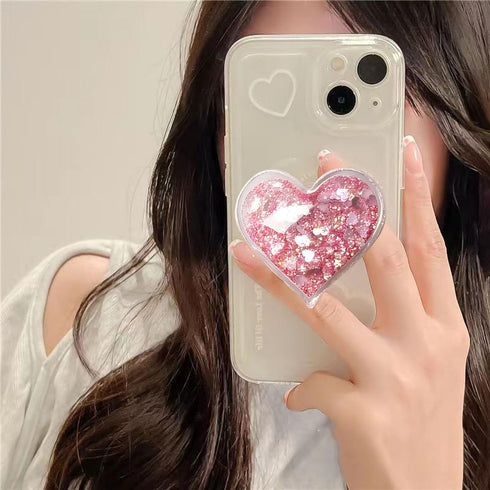 Cute Heart-Shaped Expanding Phone Grip - Pink Quicksand Glitter Collapsible Phone Mount Holder Stand for Girls Women, Lovely Phone Charm and Acces...