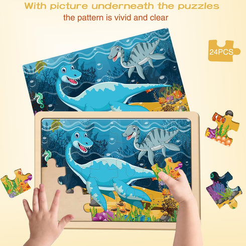 Puzzles for Kids Ages 4-6, 4 Pack Wooden Jigsaw Puzzles with 24 Pieces Each, Dinosaur Puzzle Preschool Educational Learning Toys Set for Boys and ...