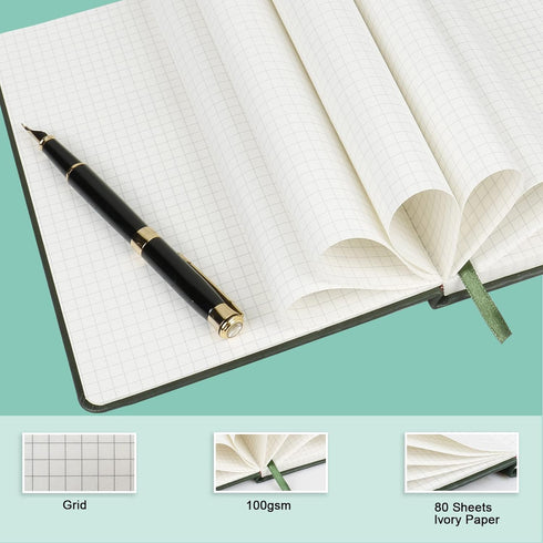Grid Journal Bullet Notebook - Dark Green Leather Cover, 8.3 x 5.7Inch, 160 Pages, 100gsm Paper, Hardcover with Inner Pocket, Elastic Closure and ...