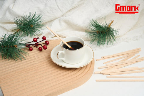 Gmark 5.5" Wood Coffee Stirrers (length 140mm, width 6mm, thick 1.3mm) 1000 ct - Natural Birch Wood Coffee Beverage Stirrers, Round End GM1014...