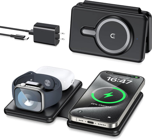 Wireless Charger iPhone - 3 in 1 Charging Station for Apple Devices for iPhone 15 14 13 12 Pro Max Plus - Foldable Magnetic Charging Pad for Apple...