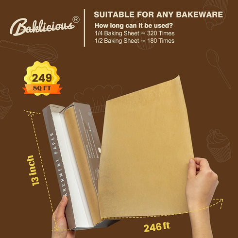 Unbleached Parchment Paper Roll for Baking, 13 in x 242 Ft, 249 Sq.Ft, Baklicious Non-stick Baking Parchment Paper for Baking, Cookies, Bread, Ove...