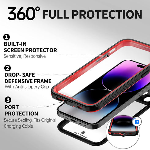 BEASTEK iPhone 14 Pro Max Waterproof Case, FSN Series - Underwater Shockproof Dustproof, Built-in Screen Protector, Clear Back Cover, 6.7'' - Red...