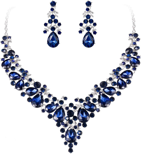 EVER FAITH Women's Crystal Elegant Bridal Floral Cluster Teardrop Statement Necklace Earrings Set...
