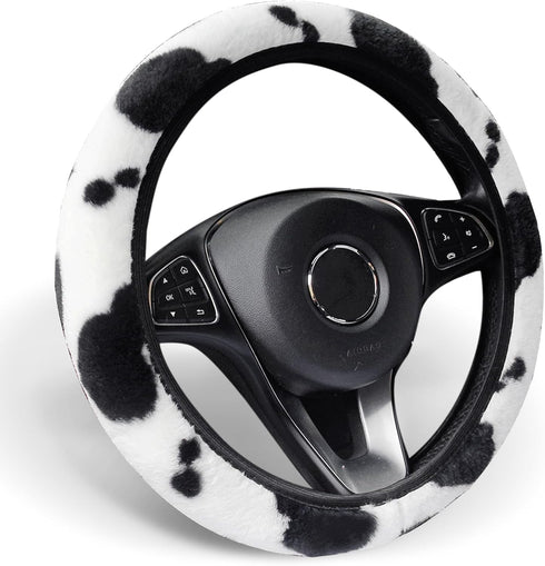 ALEMODR Cow Print Plush Steering Wheel Cover Fluffy Winter Warm Universal 15 inch for Women Girls...
