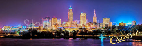 PHOTOSBYJON Cleveland Skyline 2018 Photo Print UNFRAMED Night Color City Downtown 11.75 inches x 36 inches Ohio Photographic Panorama Poster Pictu...