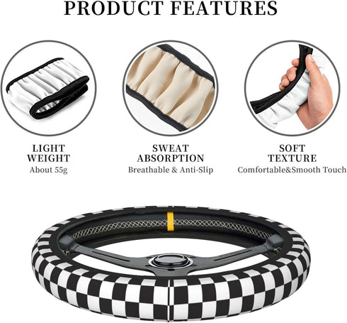 Black and White Checkered Steering Wheel Cover Rubber Anti-Slip 14.5-15 Inch Universal Steering Wheel Cover with 2 Pieces Car Coasters Suitable fo...