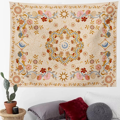 TTYQXZ Wall Tapestry Bohemian - Floral Vine Wall Hanging Celestial Sun Moon and Star Tapestries Hippie Home Decor Boho for Bedroom Aesthetic (Crea...