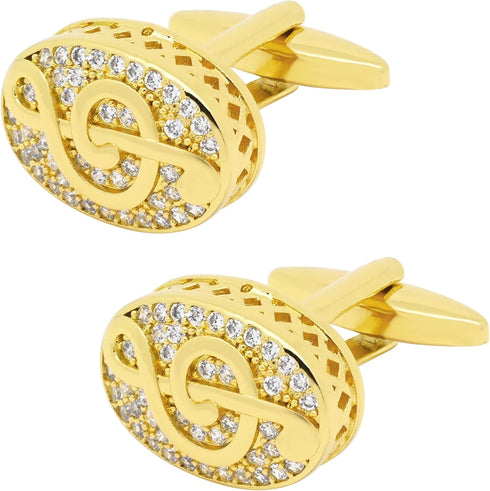 Oval Golden Music Note Cufflinks for Men Lady with Crystals Hollow Out Design Men's Cufflinks Jewelry Set for Wedding Anniversary Business Party E...
