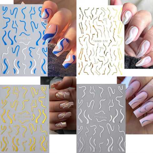 8 Sheets French Nail Art Sticker 3D Streak Line Nail Decals Reflective French Nail Art Supplies Geometric Lines Nail Art Stickers Wave Swirl Strip...