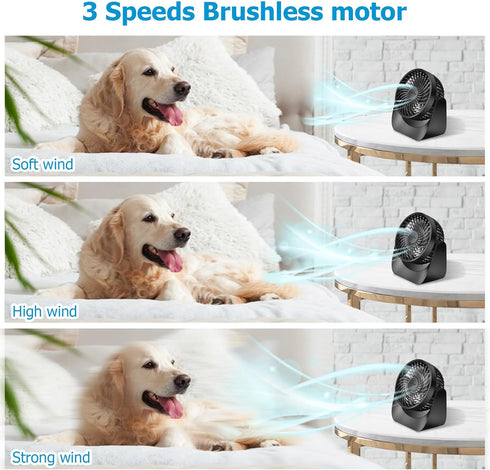 Desk Fan with Strong Airflow, 6.8 Inch Quiet Small Portable Table Fan, Brushless motor, 3 Speed Settings, 360° Adjustable Tilt Head, Rechargeable,...