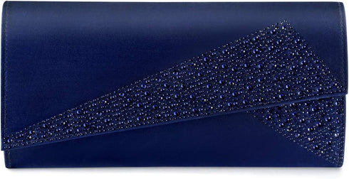 Women Satin Rhinestones Evening Bags Prom Bridal Clutch Purse Cross Body With Detachable Chain Strap...
