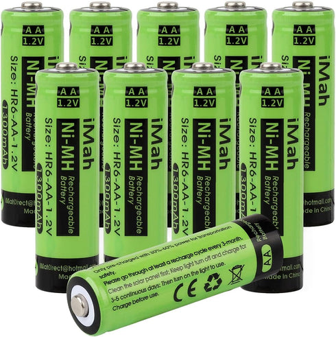 iMah 10-Pack AA Rechargeable Batteries for Solar Lights 1.2V 1300mAh Ni-MH, Also Work with Garden Lamps, Remotes, Mice and Other Household Devices...