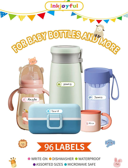 Baby Bottle Labels for Daycare, Self-Laminating, Waterproof Write-On Name Labels, Dishwasher, Freezer, Kitchen Safe, Pack of 96...