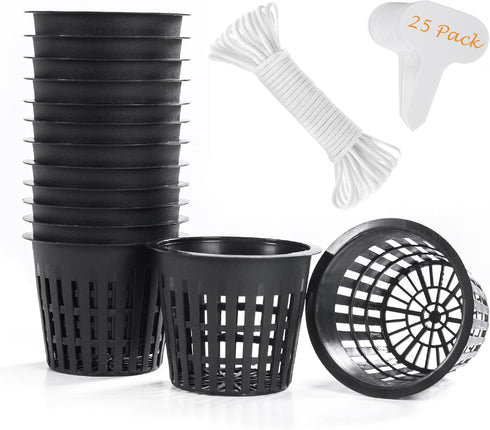ORIMERC 25 Pack 3 inch Net Cup Pot with 25 feet Hydroponic Self Watering Wick & 25 Pcs Plant Label Aquaponics Mason Jar Insert Orchid Rimmed Nette...