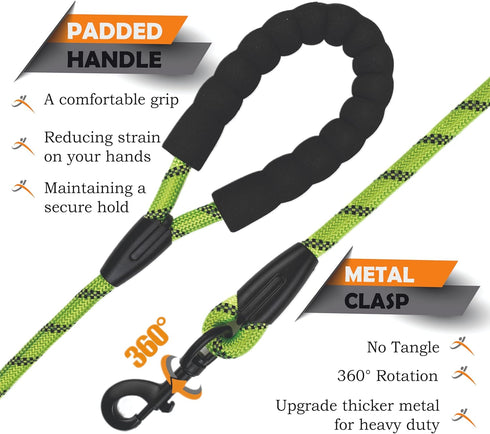 Rope Dog Leash 5 ft, Heavy Duty, Reflective, Tangle-Free rope with Comfortable Padded Handle, Ideal for small medium large Breed Dogs, Perfect for...